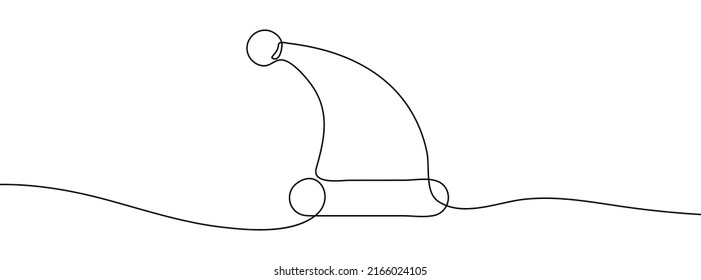 Continuous line drawing of cap of santa. Christmas hat one line icon. One line drawing background. Vector illustration. Winter hat black icon