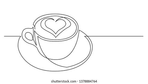 continuous line drawing of cappuccino coffee cup with heart shape on foam