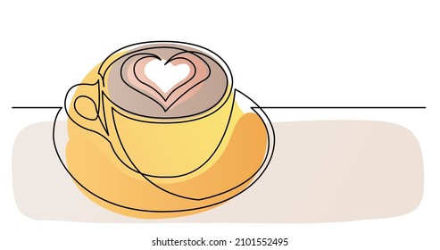 continuous line drawing of cappuccino coffee cup with heart shape on foam