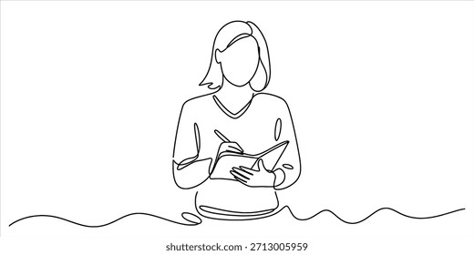 Un dibujo de línea continua captura el momento de una mujer escribiendo en su Vector de cuaderno, ilustración