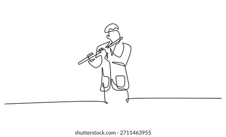 El dibujo de línea continua captura a una persona tocando la flauta, representando una melodía clásica de concierto. Ilustración vectorial minimalista.