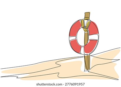 Continuous line drawing capturing a life preserver ring tied to a wooden stake on sandy shore. Illustrates water safety concept ideal for summer vacation guide or coast guard flyer cover.