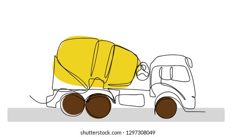 Continuous line, drawing of car, cement transportation concept, construction vector illustration