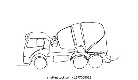 Continuous line, drawing of car, cement transportation concept, construction vector illustration