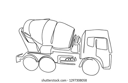 Continuous line, drawing of car, cement transportation concept, construction vector illustration