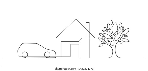 Continuous line drawing car  house   tree white background  Vector illustration