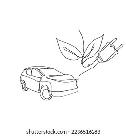 continuous line drawing car with leaf symbol for eco energy illustration