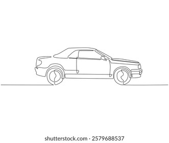 Continuous line drawing of car in side view. Single line illustration of modern city car. Transportation, modern vehicle outline. Editable outline
