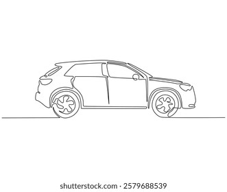 Continuous line drawing of car in side view. Single line illustration of modern city car. Transportation, modern vehicle outline. Editable outline