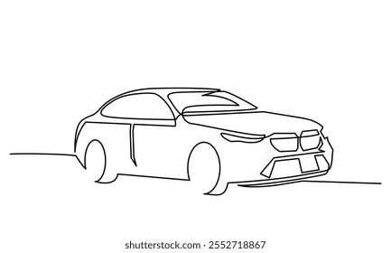 Dibujo de línea continuo de un coche. El arte de una sola línea es un hermoso coche de lujo moderno y elegante. Ilustración vectorial del coche aislada en un fondo blanco.