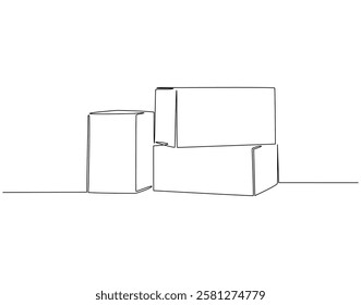 Continuous line drawing of cardboard boxes. Single line illustration of stack of boxes. Delivery, package concept. Editable outline