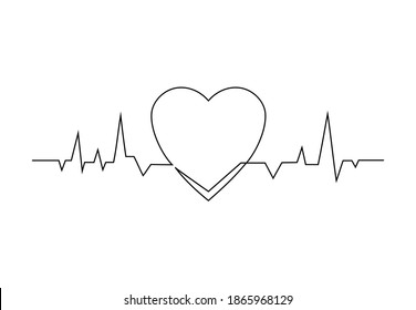 Continuous line drawing of cardiogram with shape of heart. Healthy heartbeat pulse line, electrocardiogram or ECG icon, healthcare concept for hospital logo. Medical vector illustration