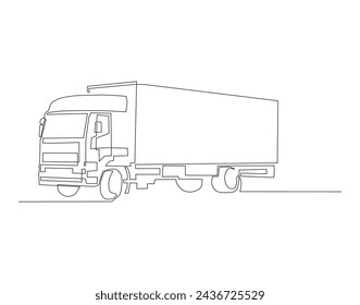 Kontinuierliche Linienzeichnung von Lastkraftwagen. Eine Reihe von Containern LKW. Truck Continuous Line Art. Editierbarer Umriss.
