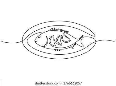 Continuous line drawing of carp fish restaurant logotype template concept. Grilled seafood made of one line for cafe shop logo. Modern single line design, vector illustration