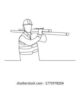 Continuous line drawing of carpenter lumberjack wearing safety helmet holding wooden board wood pile wood stack wood bar. Vector illustration