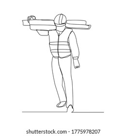 Continuous line drawing of carpenter lumberjack wearing safety helmet holding wooden board wood pile wood stack wood bar. Vector illustration