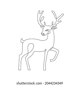 Continuous line drawing of cartoon reindeer animal. Simple contour art of minimal deer isolated on white background for gift, birthday, christmas winter template design. Hand drawn vector illustration