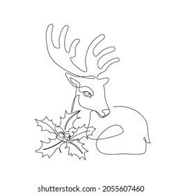 Continuous line drawing of cartoon reindeer animal with holly berries. Contour art of deer on white background for gift, birthday, christmas winter template design in minimal style. Hand drawn vector