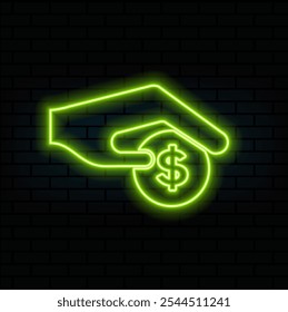 Kontinuierliche Linie Zeichnung Barzahlung in der Hand Symbol Neon Glanz Vektorgrafik Konzept.