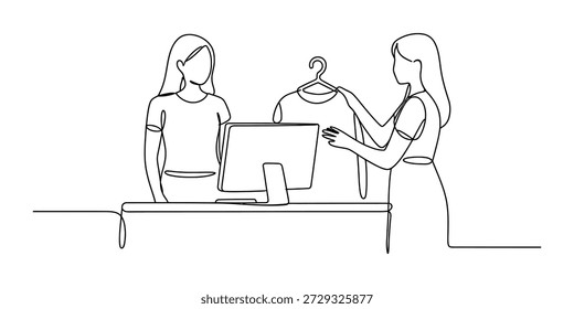 Continuous line drawing of a cashier assisting a customer in a clothing store with a t-shirt Vector, illustration