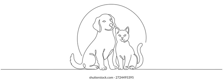Un dibujo de línea continua de un gato y un perro sentados juntos. Un logotipo decorativo de arte de línea para una tienda de mascotas o clínica veterinaria. Ilustración vectorial editable.