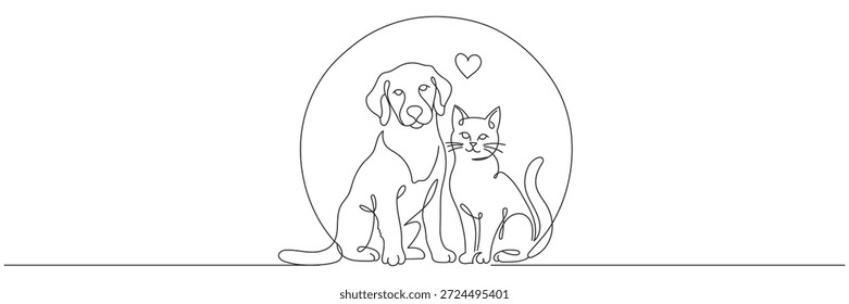 A continuous line drawing of a cat and dog sitting together. A decorative line art logo for a pet store or veterinary clinic. Editable vector illustration.