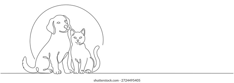 Un dibujo de línea continua de un gato y un perro sentados juntos. Un logotipo decorativo de arte de línea para una tienda de mascotas o clínica veterinaria. Ilustración vectorial editable.