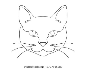 Un dibujo de línea continua de una cabeza de gato con bigotes en un estilo gráfico minimalista.
