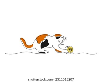 Continuous line drawing of cat. Kitten playing with ball of yarn. Pet animals concept. Minimalist black linear sketch isolated on white background.