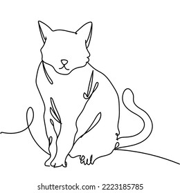 Continuous line drawing of cat silhouette on white background. Hand drawn single line vector illustration