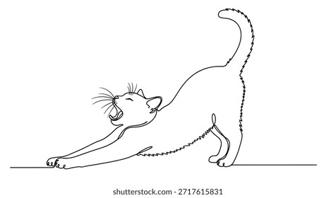 Dibujo de línea continua de un gato que se estira. Representa un diseño minimalista con un concepto sencillo y elegante. La obra de arte de una sola línea muestra el estiramiento elegante del gato, perfecto para diseños