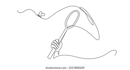 continuous line drawing of catching a butterfly with a net.one line drawing catching butterflies in the garden.single line vector illustration.isolated white background