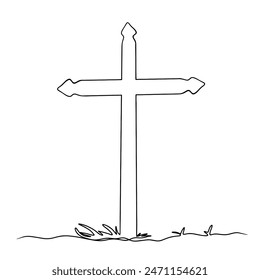 continuous line drawing of catholic cross isolated on transparent background. Vector illustration