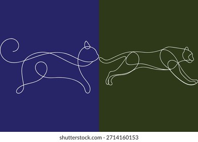 Desenho de linha contínua de gatos em movimento em fundos coloridos
