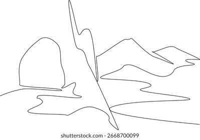 Un dibujo de línea continua de una apertura de cueva que enmarca altas montañas y un camino fluvial, que representa un concepto de naturaleza y el tema del Día Nacional de las Cuevas y el Karst con un estilo minimalista simple.