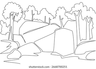 Dibujo lineal continuo de cuevas y formaciones rocosas con rocas, árboles arriba, ilustrando un concepto de naturaleza vinculado a las Cuevas Nacionales y el Día del Karst, diseñado en un estilo de Vector minimalista limpio.