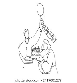 Continuous Line Drawing Celebrate a Birthday with a Romantic Partner. Illustration Icon Vector