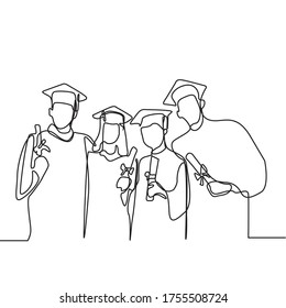 Continuous line drawing of celebrating graduation.Commencement ceremony drawing. College, school pupil celebrating graduation isolated on white background.