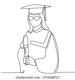 Continuous line drawing of celebrating graduation.Commencement ceremony drawing. College, school pupil celebrating graduation isolated on white background.