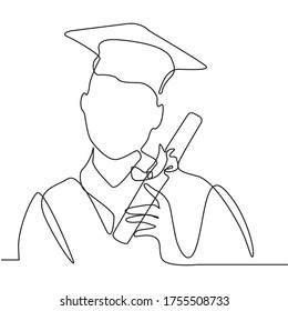 Continuous line drawing of celebrating graduation.Commencement ceremony drawing. College, school pupil celebrating graduation isolated on white background.