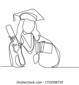 Continuous line drawing of celebrating graduation.Commencement ceremony drawing. College, school pupil celebrating graduation isolated on white background.