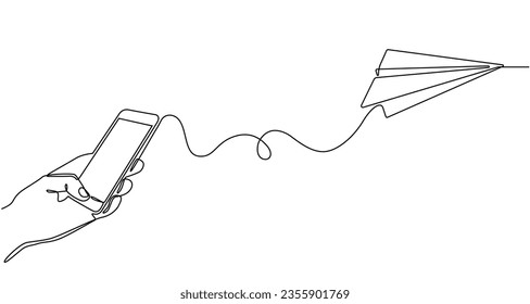 Kontinuierliches Zeichnen eines Handys, das Nachrichten sendet. Konzept einer Hand, die ein Smartphone hält und eine Sofortnachricht mit einem fliegenden Papierflugzeug im Doodle-Stil sendet. Illustration