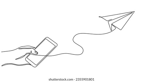 Continuous line drawing of a cell phone sending messages. Concept of a hand holding a smartphone and sending an instant message with a flying paper airplane in doodle style.. illustration