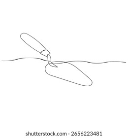 Dibujo continuo de la línea de la paleta de cemento. Una línea de paleta de cemento para ladrillo. Concepto de herramienta de trabajo arte de línea continua. Esquema editable