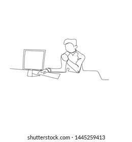 continuous line drawing of ceo sitting behind computer. isolated sketch drawing of ceo sitting behind computer line concept. outline thin stroke vector illustration