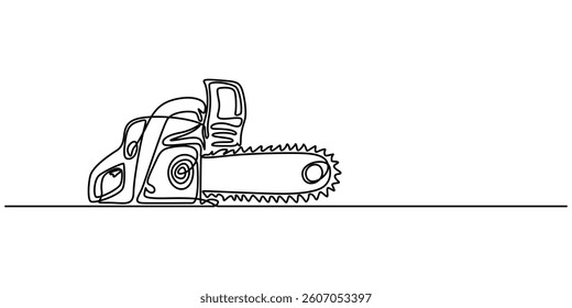 continuous line drawing of chainsaw.one line drawing of carpenter equipment chainsaw.single line vector illustration.isolated white background, one line art chainsaw vector illustration. minimalist.