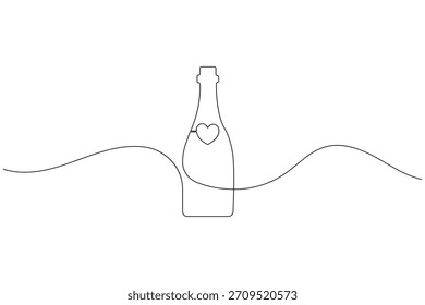 Dibujo continuo de la línea de la botella de champán con el corazón, concepto de la celebración