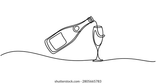 Continuous Line Drawing of Champagne Bottle Pouring into Glass Illustration