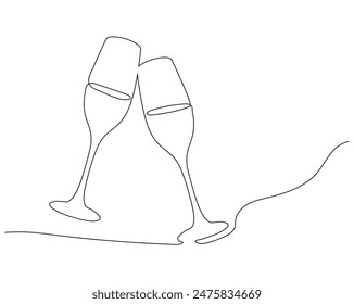 Continuous Line Drawing of Champagne Glasses Black Sketch on White Background. Two Glasses Simple One Line Drawing. Minimal Hand Draw Illustration.