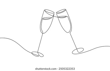 Continuous Line Drawing of Champagne Glasses Black Sketch on White Background. Two Glasses Simple One Line Drawing. Minimal Hand Draw Illustration for Cafe, Party, Holiday, Invitation. Vector EPS 10